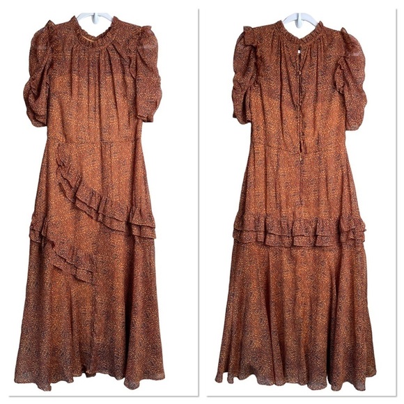 Topshop Dresses & Skirts - TOPSHOP Ruffle Midi Dress In Orange Navy leopard Animal Print Size 6 prairie